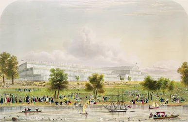 Widok zewnętrzny Wielkiej Wystawy Wszystkich Narodów od strony Serpentine, wydany przez Reed and Co. 1851